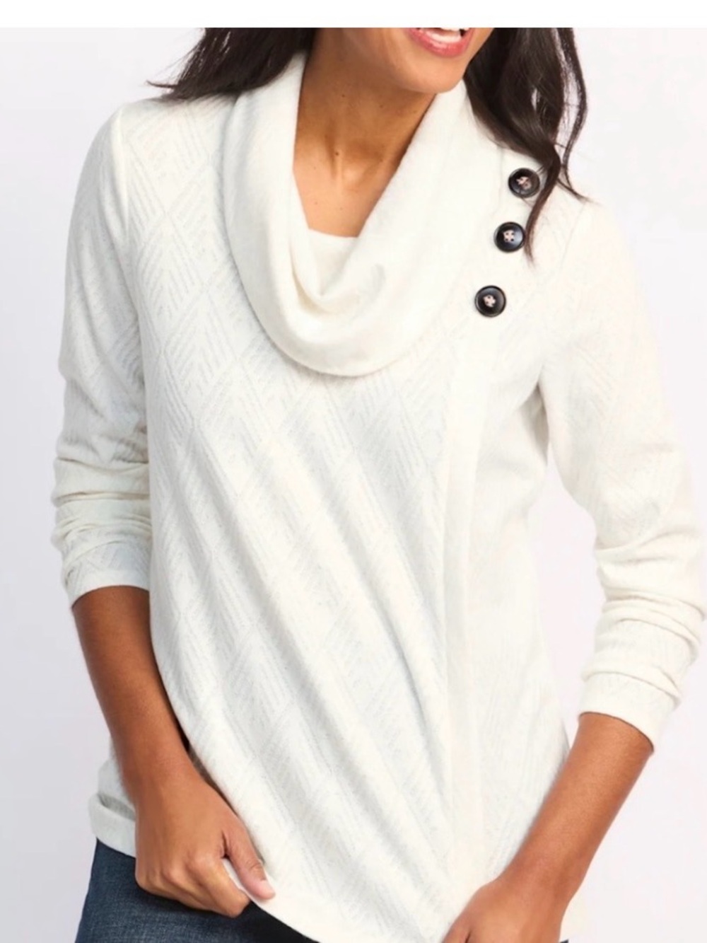 Women’s Ivory Cowl Neck Sweater with Accent Buttons